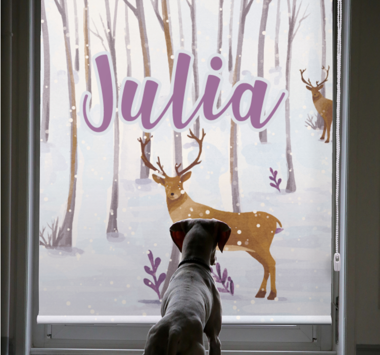 Deer in snow with name kids roller blind - TenStickers