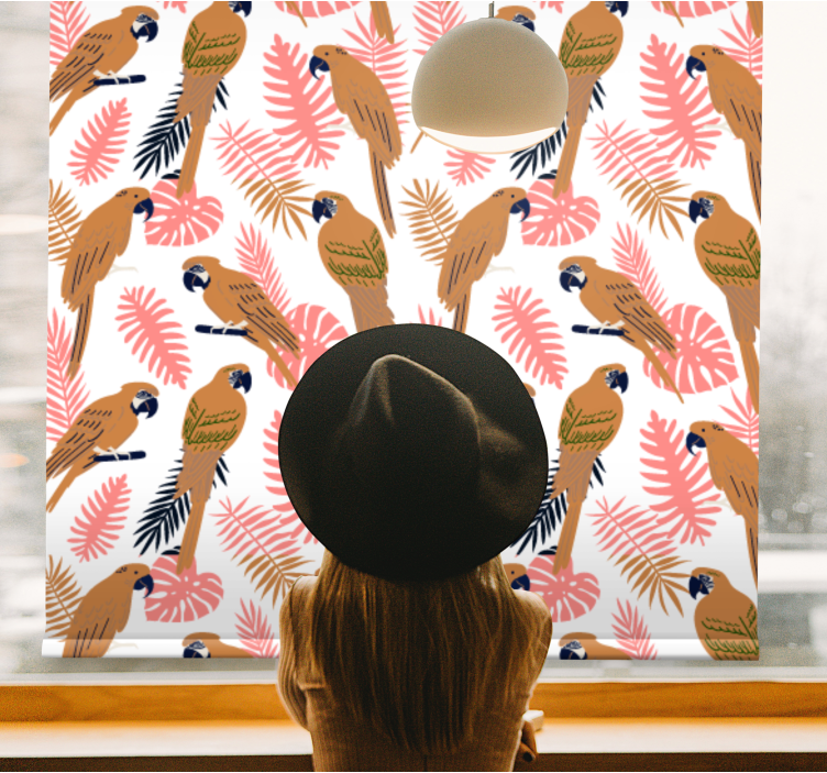 Orange parrots with pink flowers animal blind - TenStickers