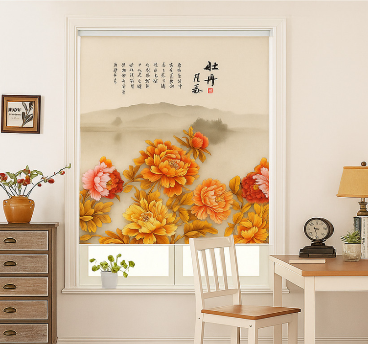 Peony landscape art living room roller blind - TenStickers