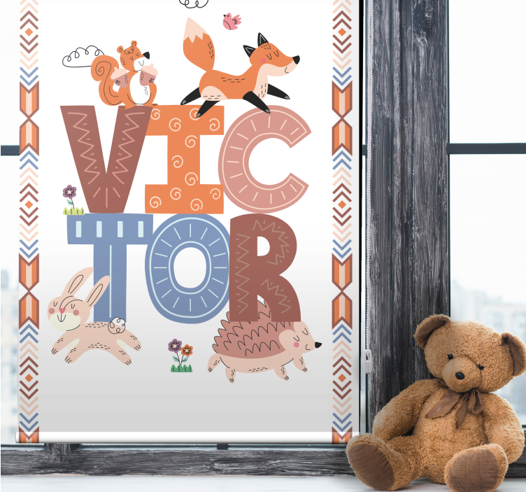 Forest animals with name kids roller blind - TenStickers
