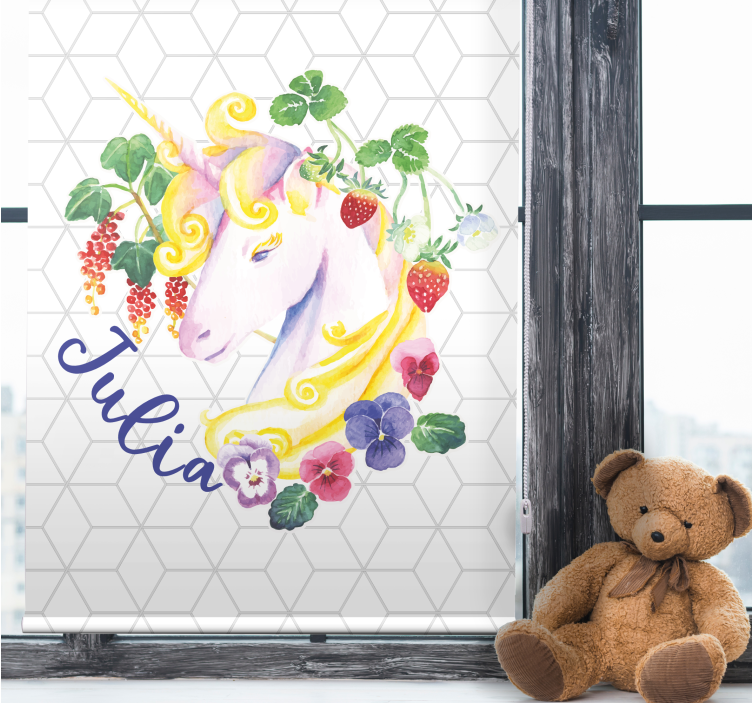 Floral unicorn with name kids roller blind - TenStickers