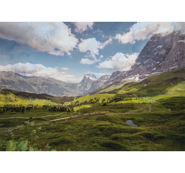 Living room roller blind green field mountains train - TenStickers