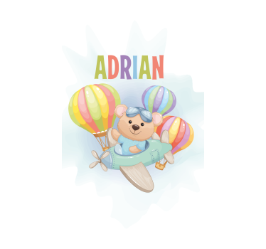 Bear in airplane with name kids roller blind - TenStickers
