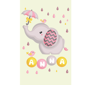 Baby elephant with name and umbrella kids roller blind - TenStickers