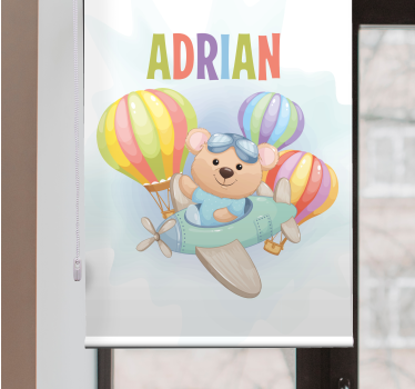 Bear in airplane with name kids roller blind - TenStickers