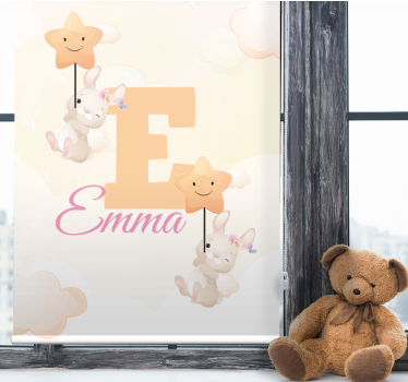 Bunnies with stars with name kids roller blind - TenStickers