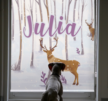 Deer in snow with name kids roller blind - TenStickers