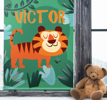 Happy tiger with name kids roller blind - TenStickers