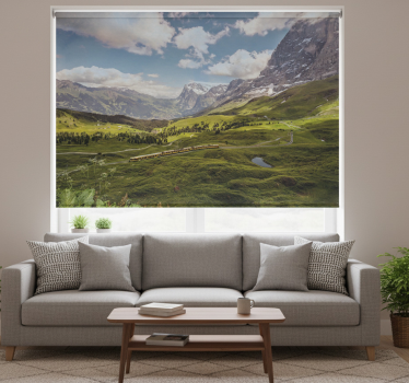 Living room roller blind green field mountains train - TenStickers