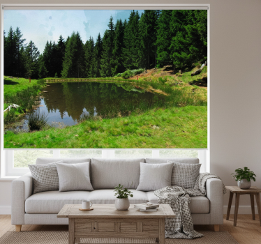 Living room roller blind green field with trees lake - TenStickers