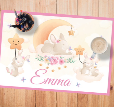 Cute animals bunny with name round placemats - TenStickers