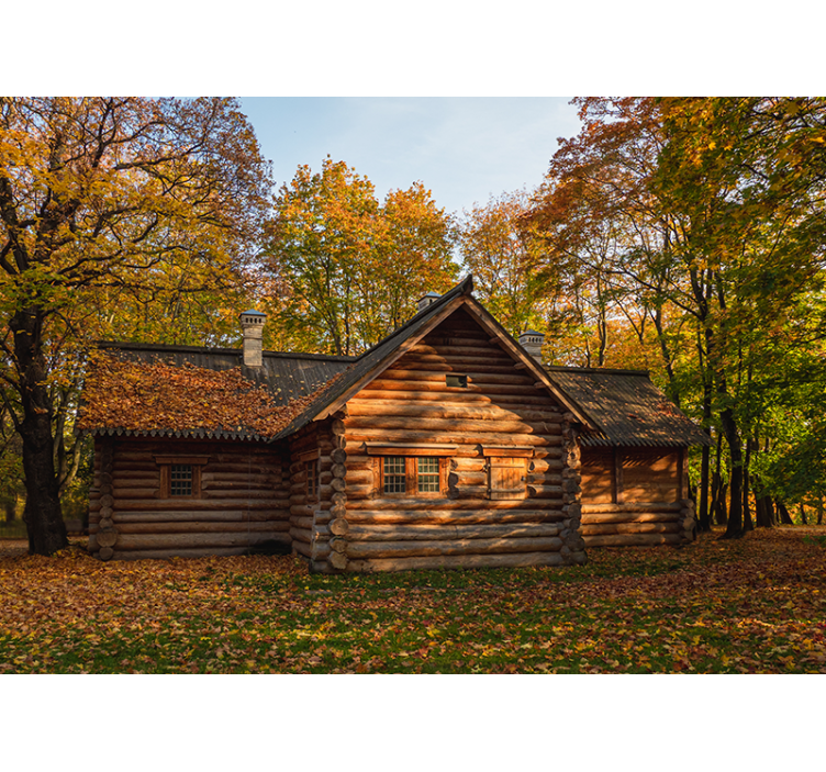 Autumn Log Cabin landscape wall mural - TenStickers