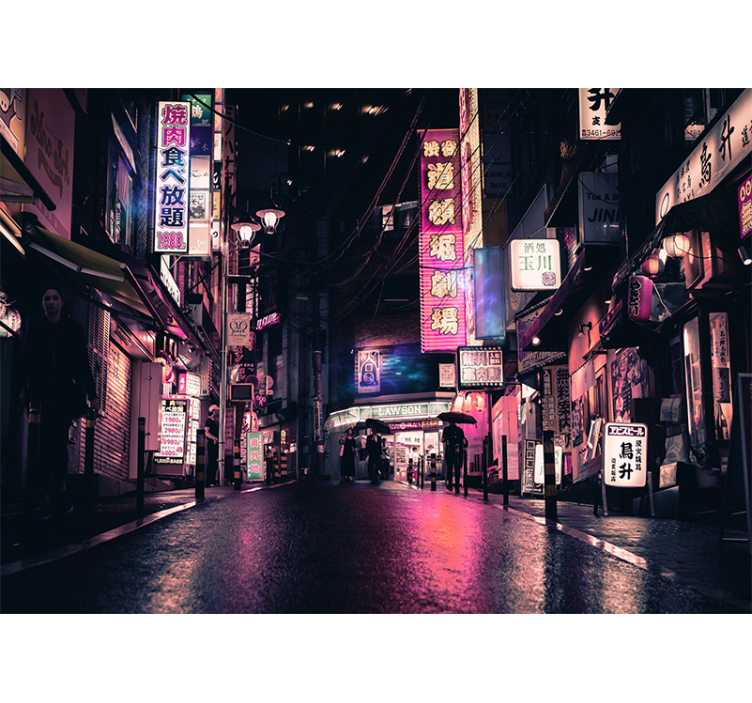 City wall mural neon street scene - TenStickers