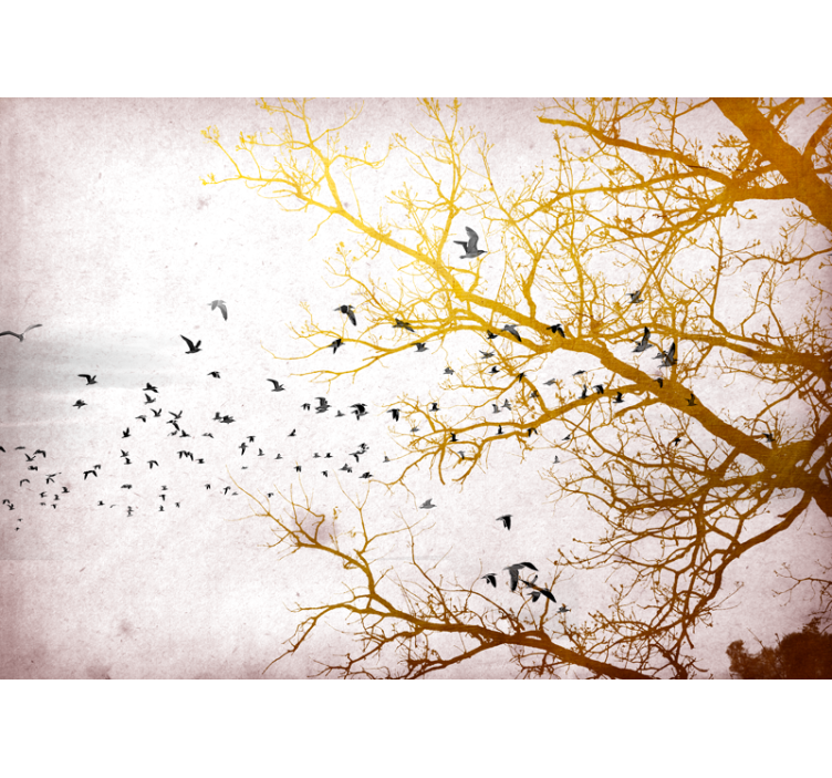 Nature wall mural golden branches and birds - TenStickers