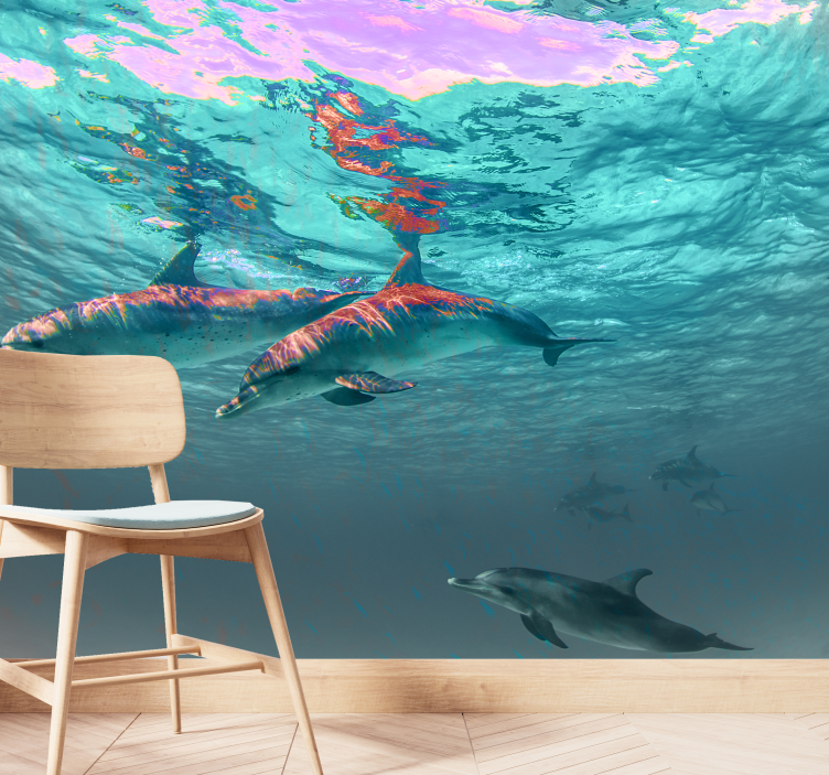 Animal wall mural dolphins swimming playfully - TenStickers