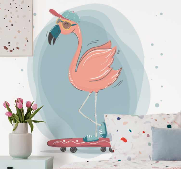 Animal wall mural flamingo skateboarding fun - TenStickers