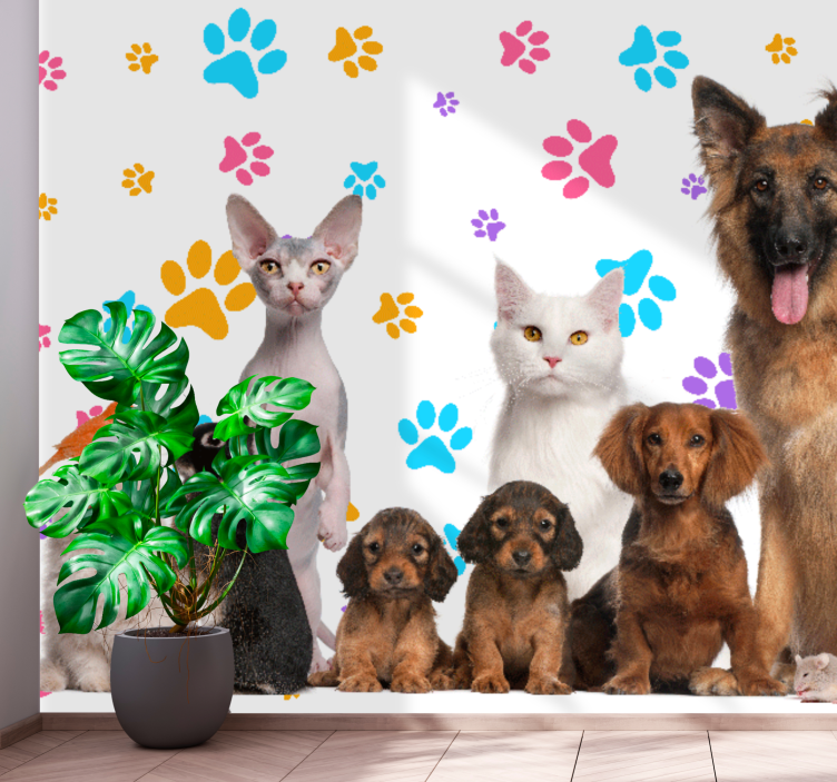Animal wall mural happy pet friends - TenStickers