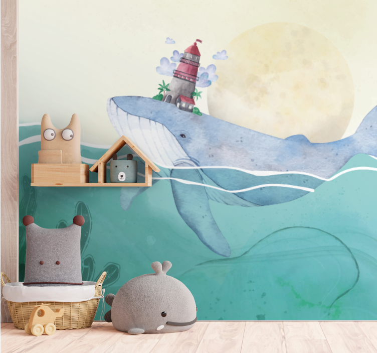 Animal wall mural whale with lighthouse - TenStickers
