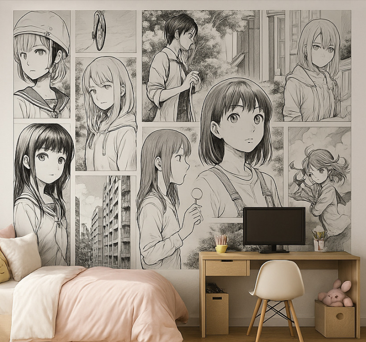 Black and white manga teenage wall mural - TenStickers