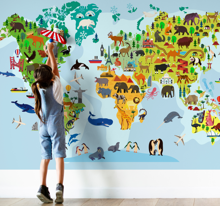Children worldmap with monuments and animals - TenStickers