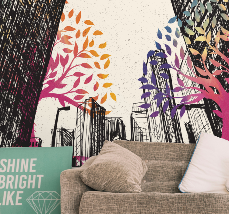 City wall mural urban skyline with vibrant trees - TenStickers