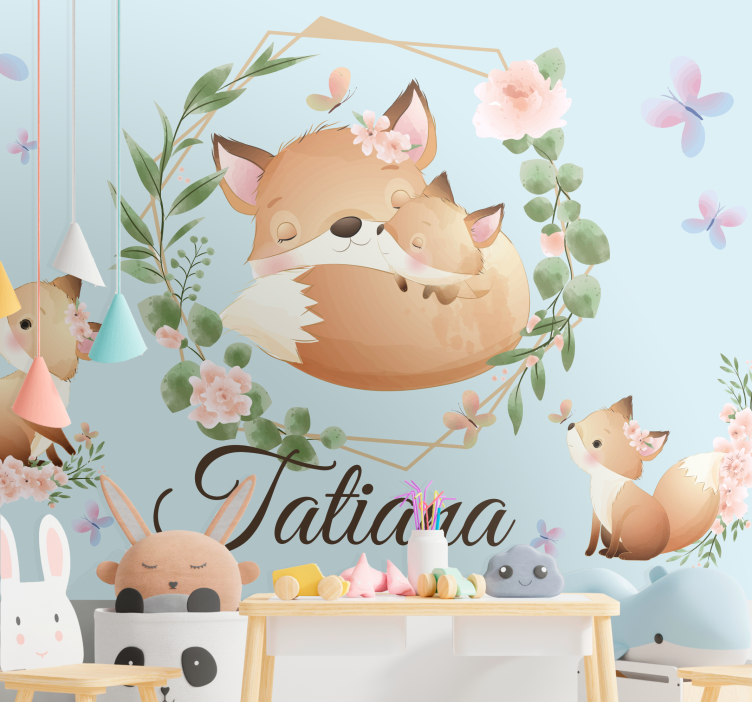 Cute Fox Family With Name kids wall mural - TenStickers