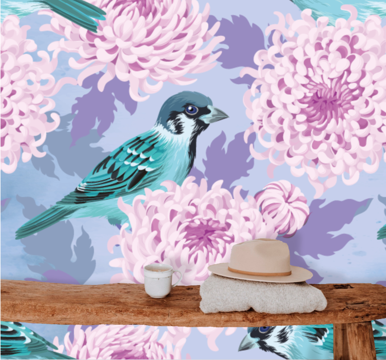 Flower wall mural blue bird blooms - TenStickers