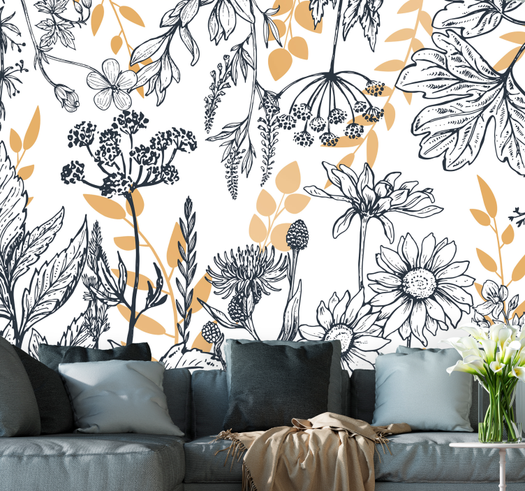 Flower wall mural botanical outline design - TenStickers