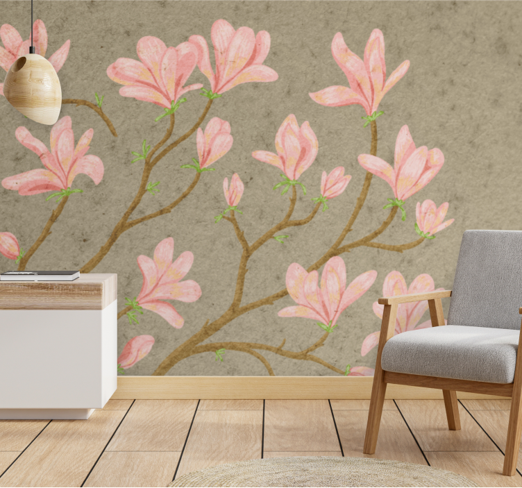 Flower wall mural pink magnolia blooms - TenStickers