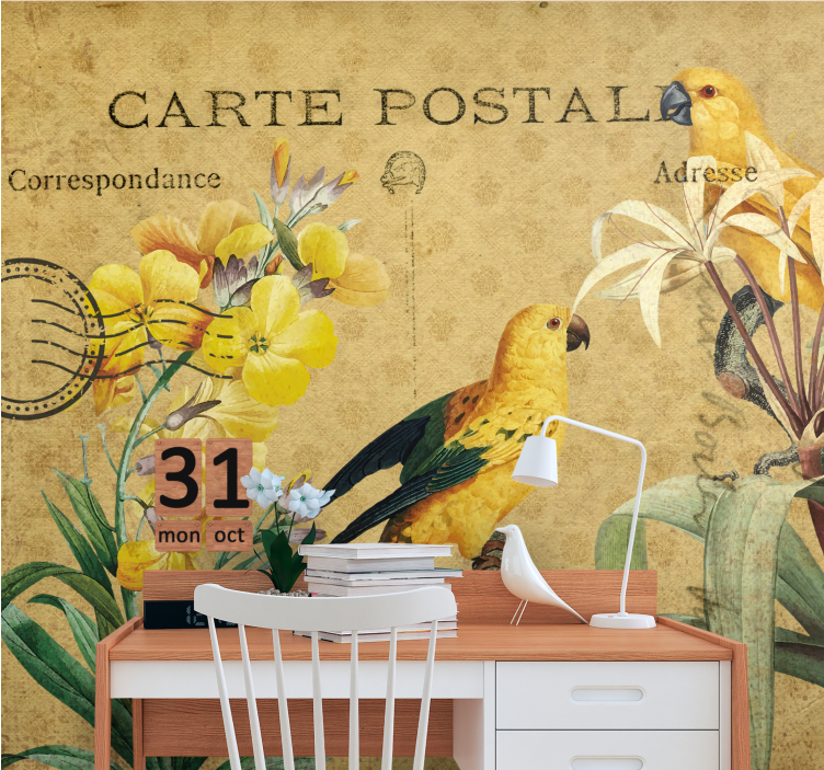 Flower wall mural vintage parrots and flora - TenStickers