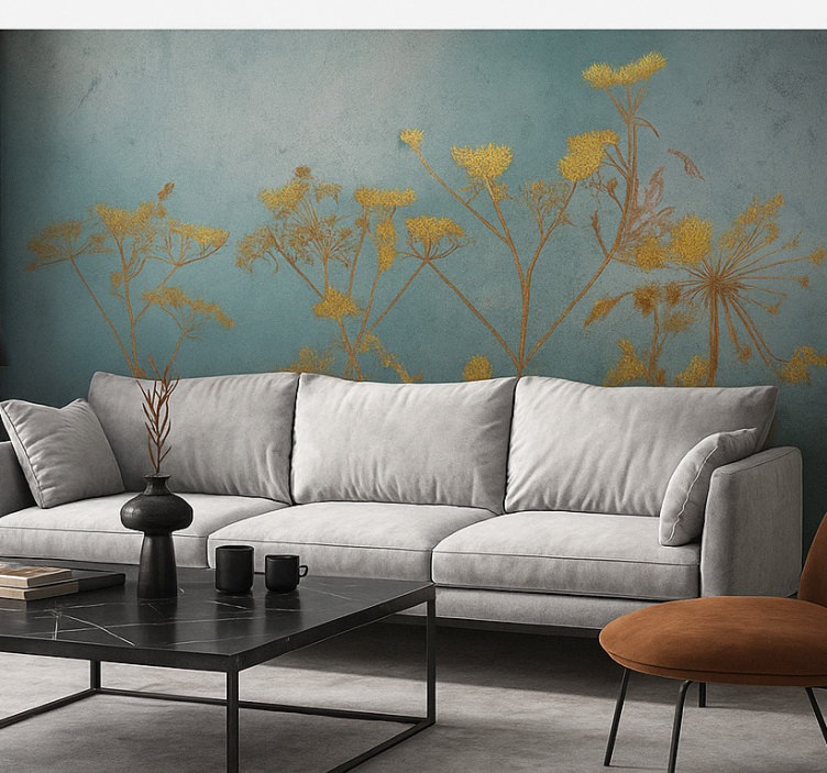 Golden flowers design living room wall mural - TenStickers