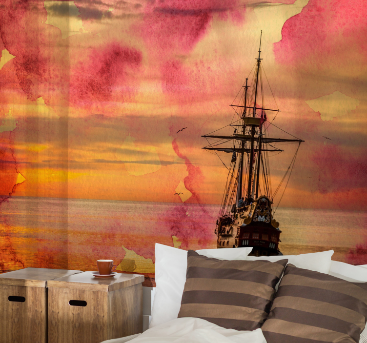 Historic Ship Sunset sea animals wall mural - TenStickers
