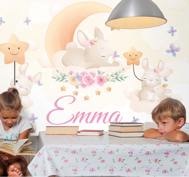 Kids wall mural bunny moon and stars - TenStickers