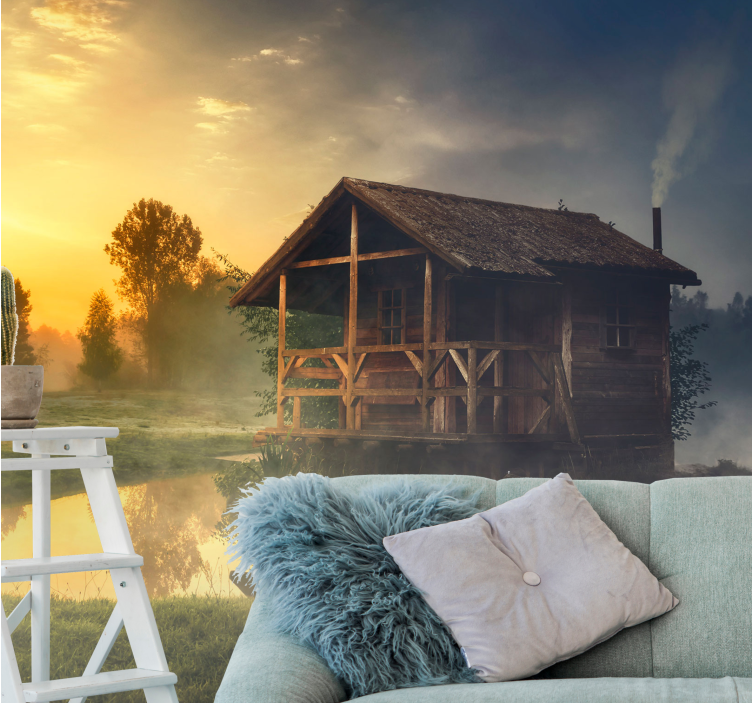Landscape wall mural serene cabin sunset - TenStickers