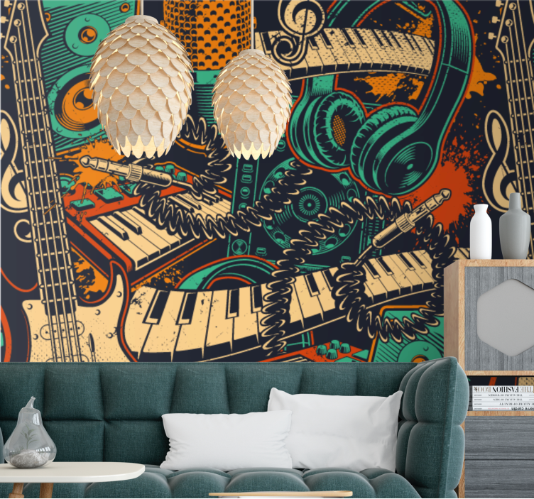 Music wall mural guitar and headphones - TenStickers