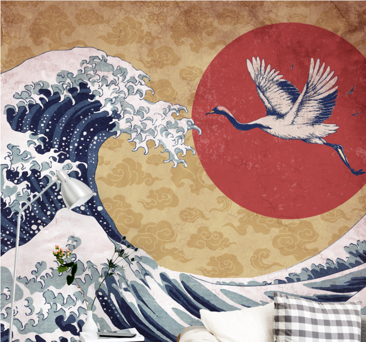 Nature wall mural cresting wave crane - TenStickers