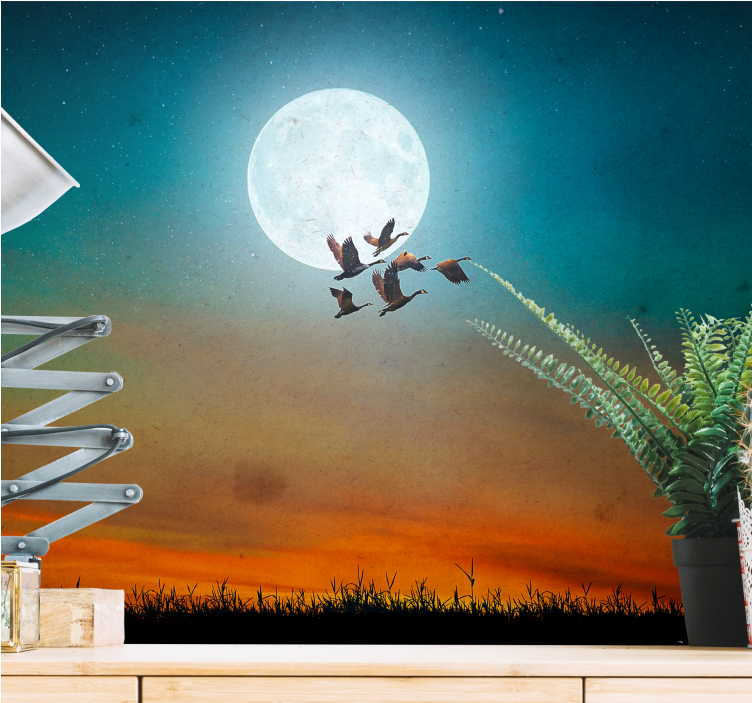 Nature wall mural moonlit sky flock - TenStickers
