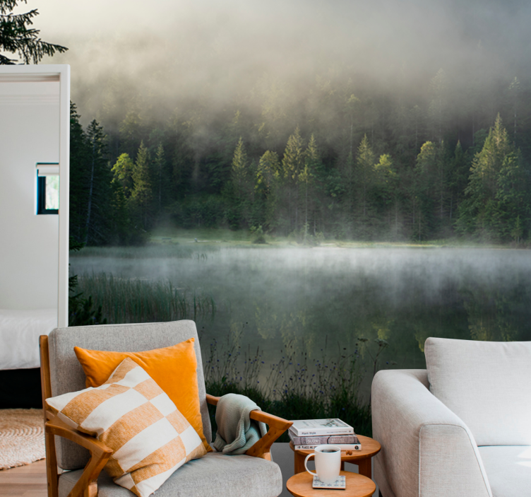 Nature wall mural serene misty lake - TenStickers