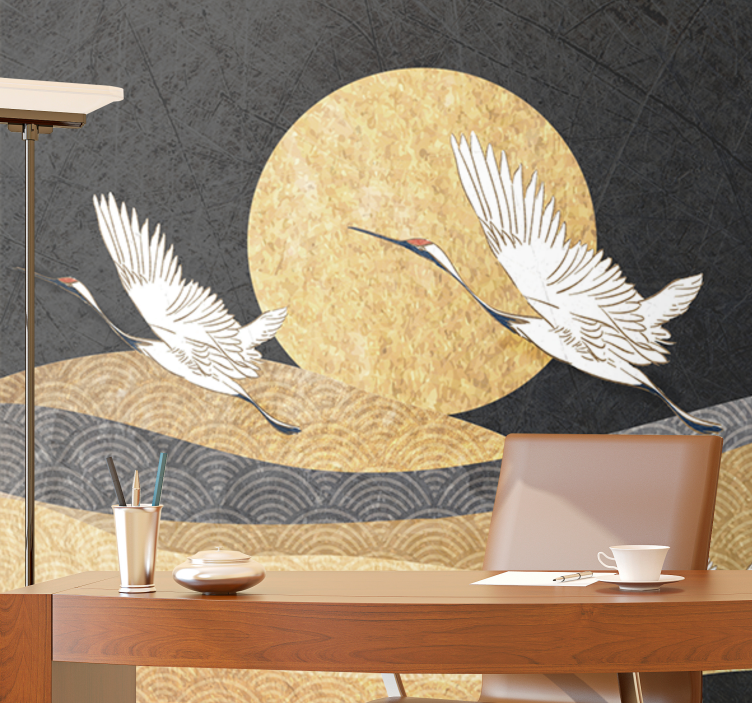 People wall mural cranes flying under the moon - TenStickers