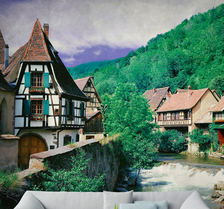 Picturesque River Village city wall mural - TenStickers