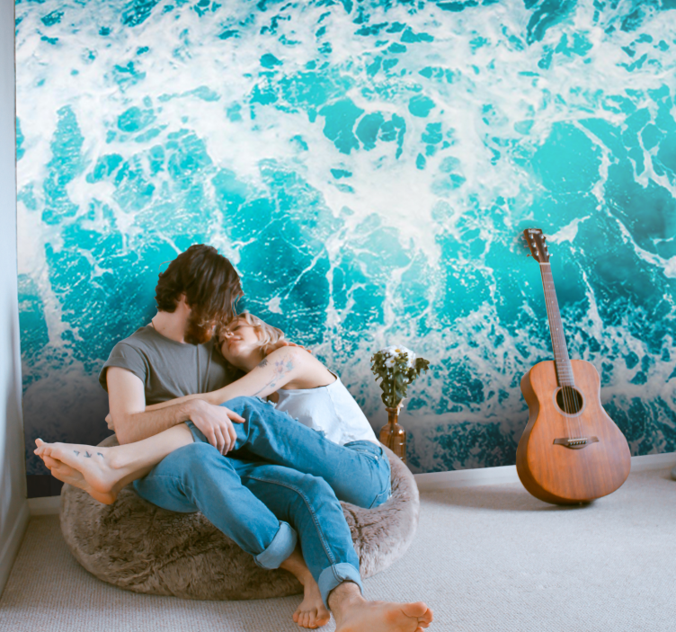 Sea animals wall mural couple embracing waves - TenStickers