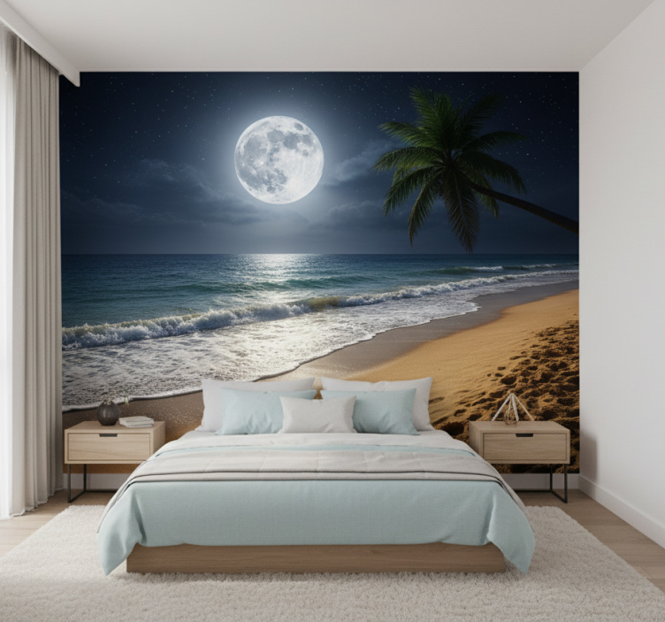 Sea animals wall mural full moon ocean - TenStickers