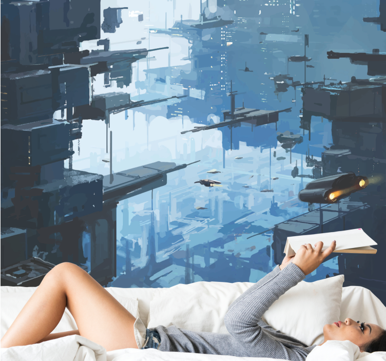 Space wall mural futuristic city skyline - TenStickers