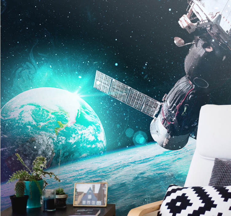 Space wall mural spacecraft orbiting earth - TenStickers