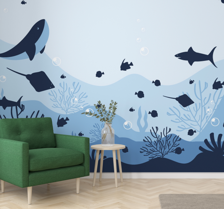 Swarm of fish in sea under the sea mural - TenStickers
