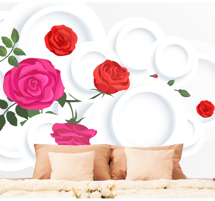 White circles and roses 3D effect 3D Wall Mural - TenStickers