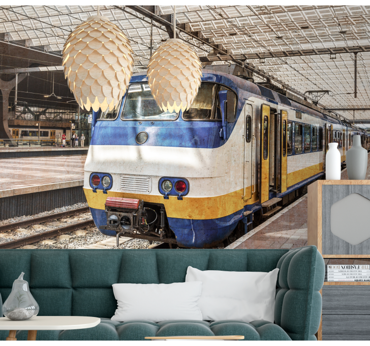 Yellow and blue train vehicle wall mural - TenStickers