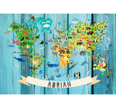 World map wall mural interactive animal map - TenStickers