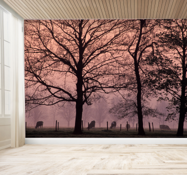 Cow's pasture in fog landscape wall mural - TenStickers