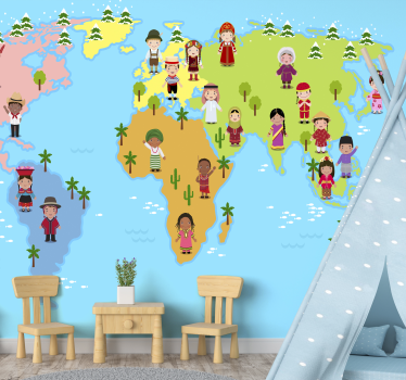 Cultural Map Characters world map wall mural - TenStickers